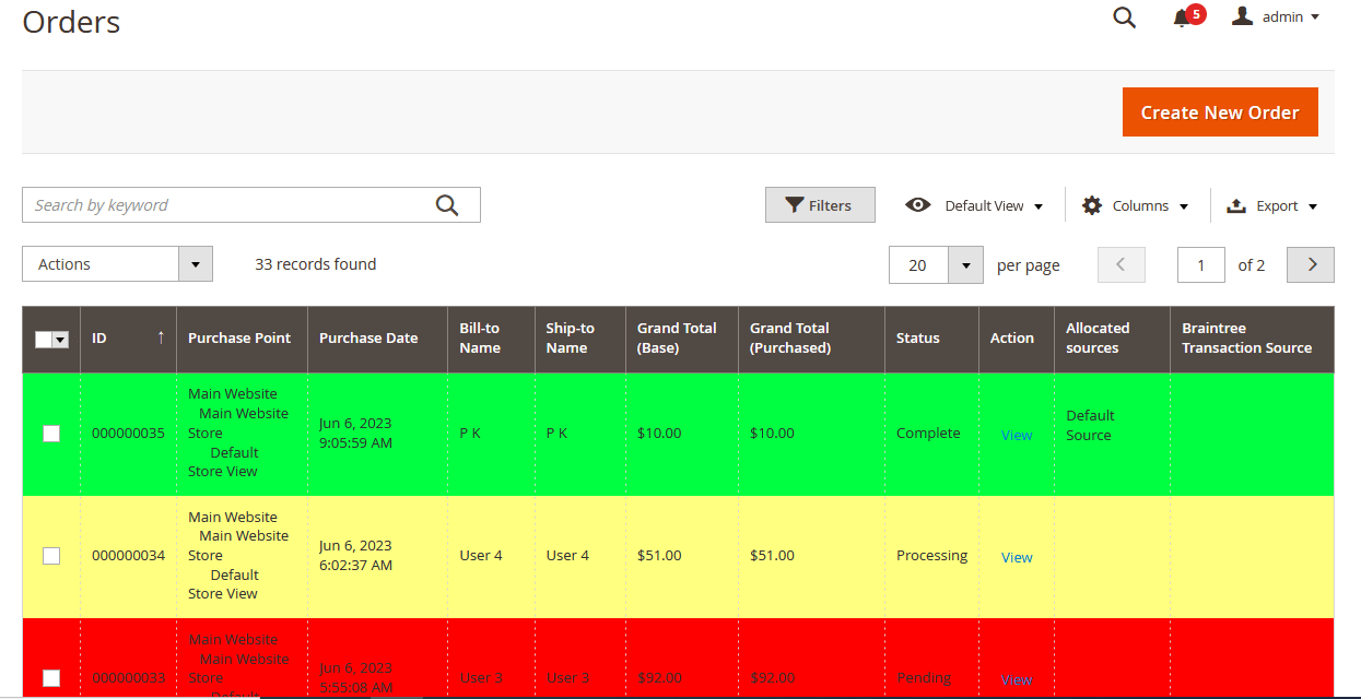 Sales order grid