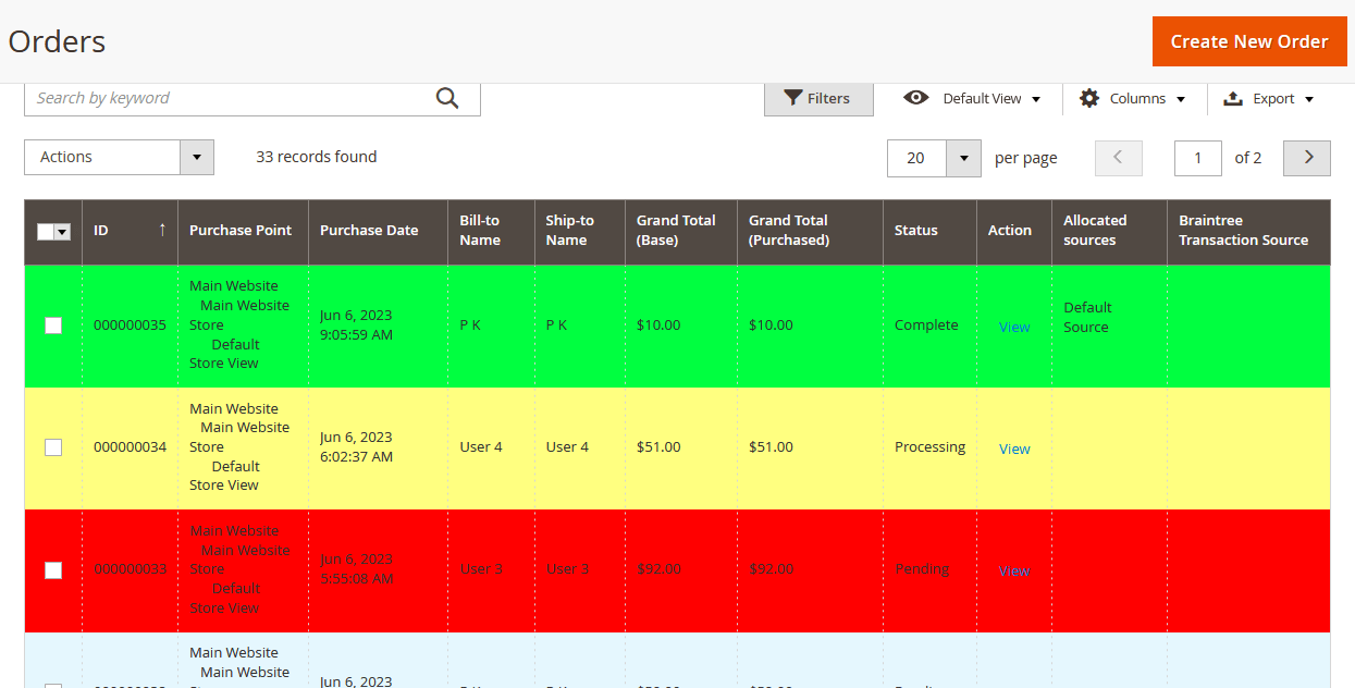Order Grid Color
